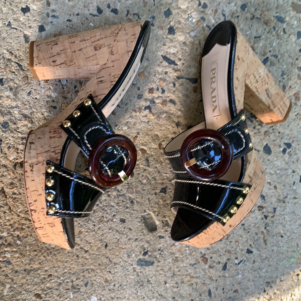 Prada Black Patent Leather Platform Sandals with Brown Buckle - Picture 4 of 6